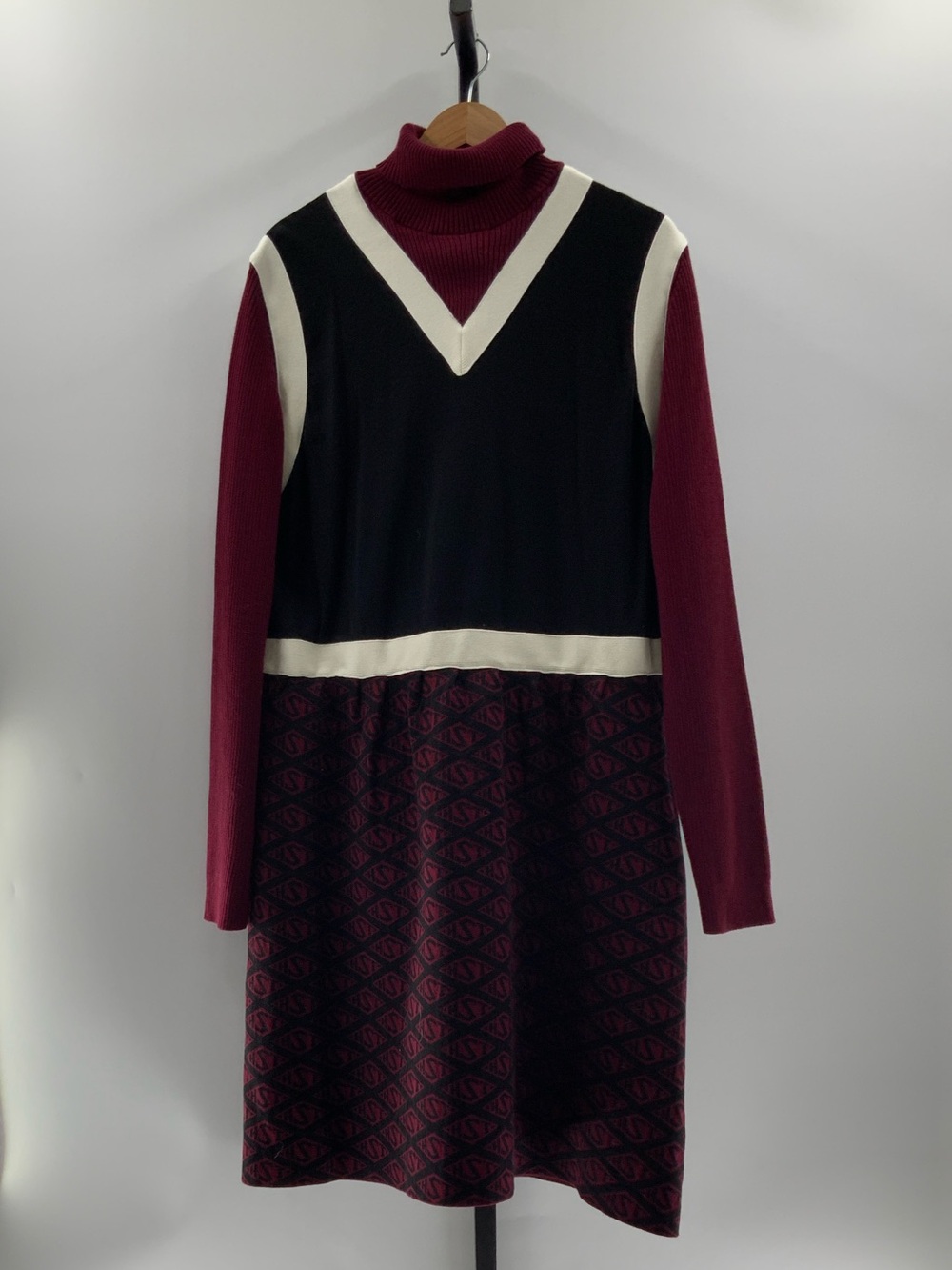 Tommy Hilfiger Black, Burgundy & Cream Long-Sleeve Knit Dress